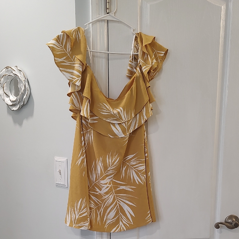 Lulu's Mustard Yellow Leaf-Print Ruffle Mini Dress